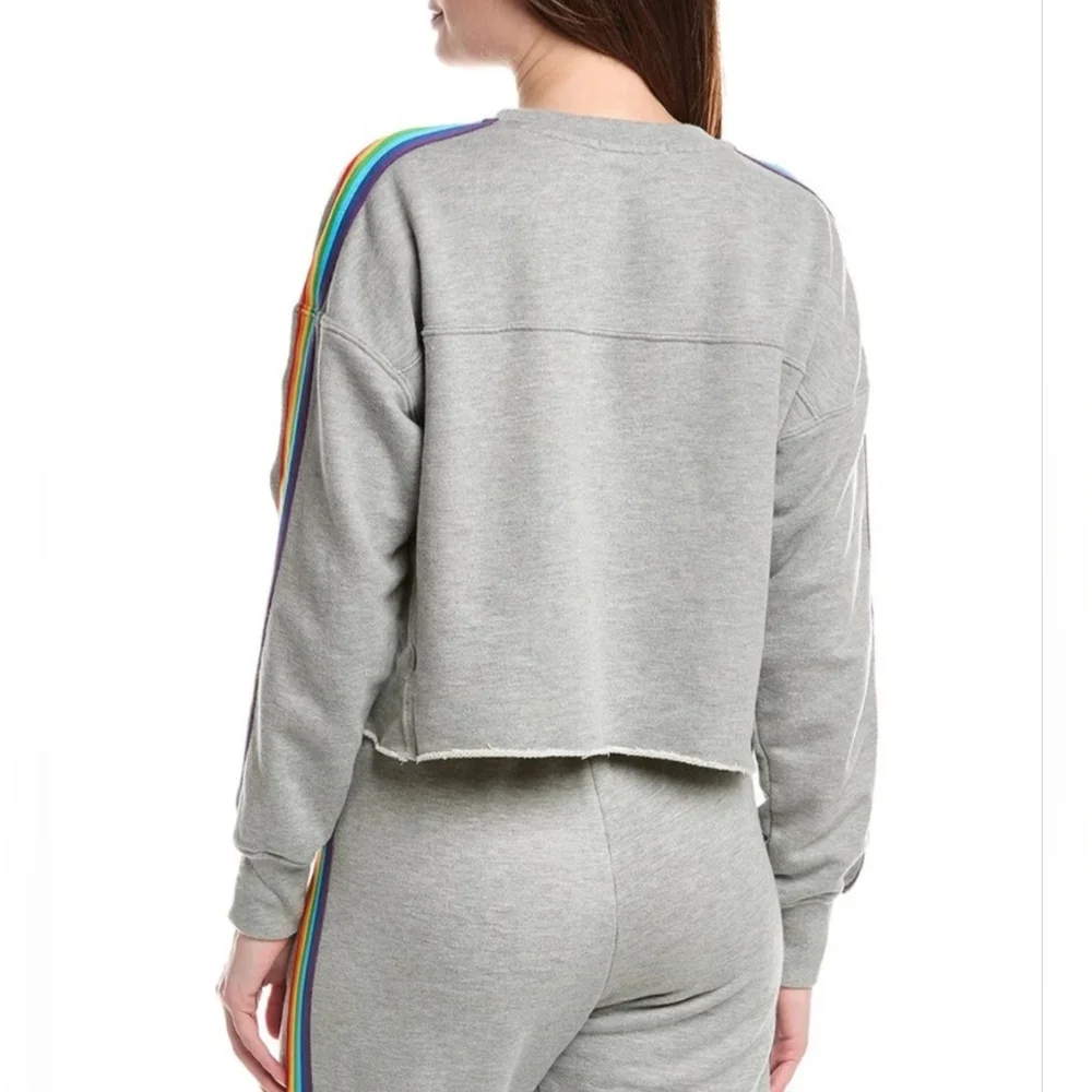 Spiritual Gangster Cropped Sweatshirt W Vibrant Rainbow Stripes- In Heather Gray - Picture 3 of 9